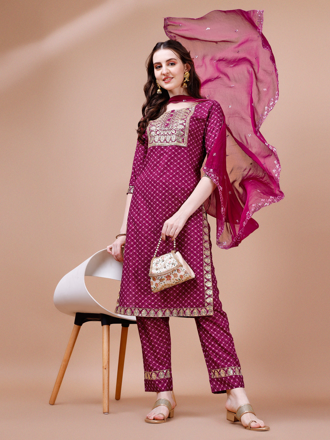 Embroidered & Quirky Printed Kurta With Pant & Dupatta, Multicolor - Hiral Fashion