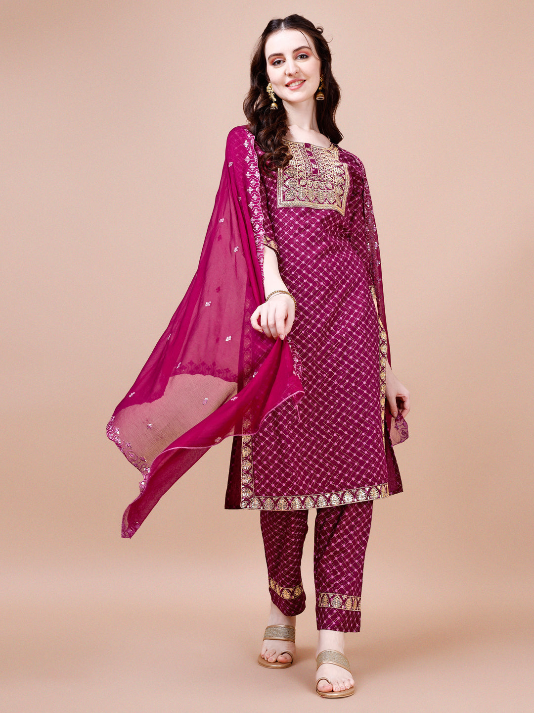 Embroidered & Quirky Printed Kurta With Pant & Dupatta, Multicolor - Hiral Fashion