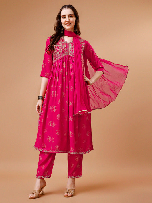 Alia Cut Embroidered & Printed Kurta With Pant & Dupatta, Multicolor - Hiral Fashion