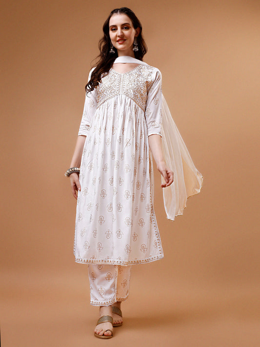 Alia Cut Embroidered & Printed Kurta With Pant & Dupatta, Multicolor - Hiral Fashion