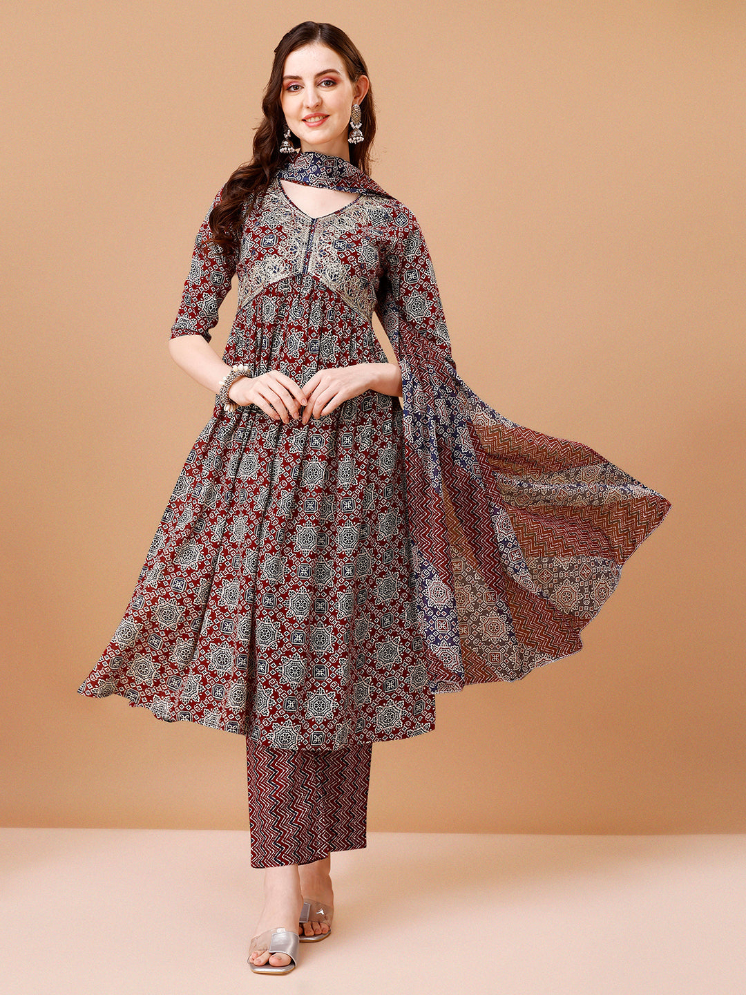 Alia Cut Embroidered & Printed Kurta With Pant & Dupatta, Multicolor - Hiral Fashion