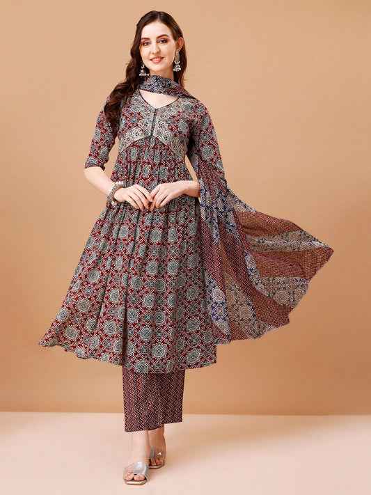 Alia Cut Embroidered & Printed Kurta With Pant & Dupatta, Multicolor - Hiral Fashion