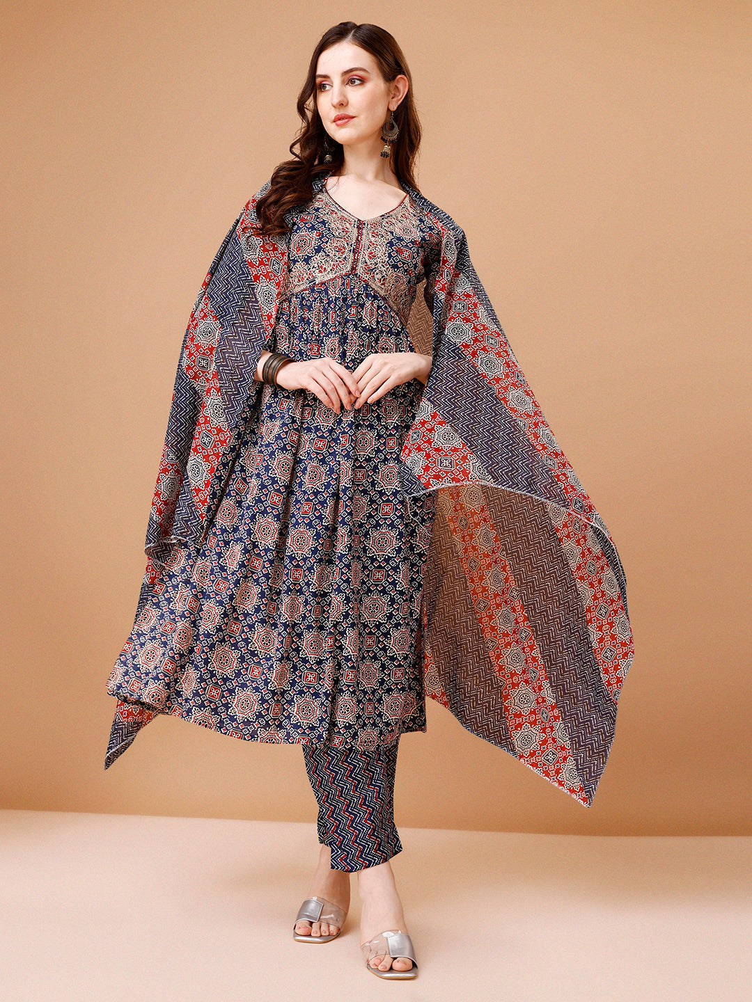 Alia Cut Embroidered & Printed Kurta With Pant & Dupatta, Multicolor - Hiral Fashion
