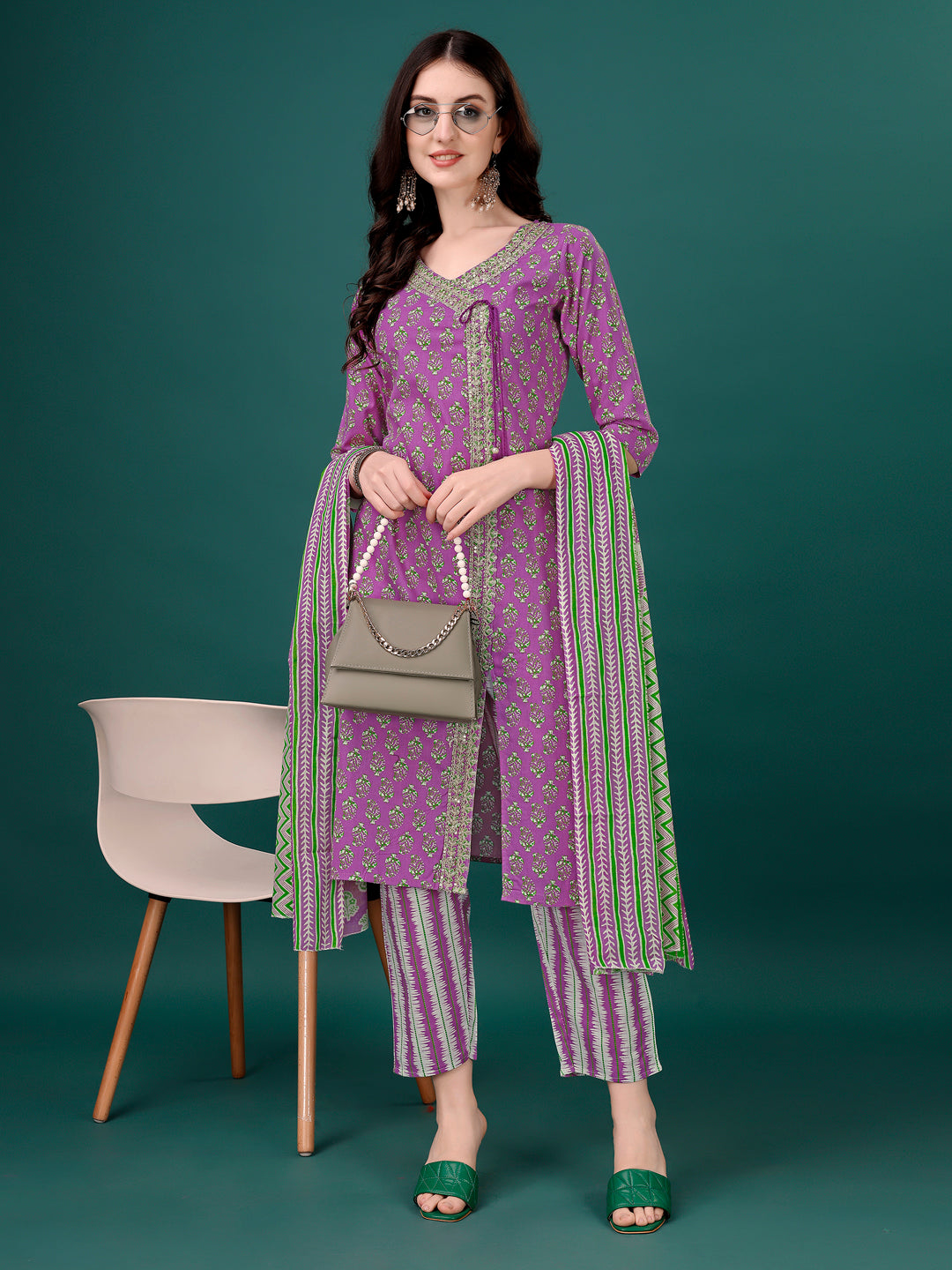 Embroidered & Printed Angrakha Style Kurta With Printed Pant & Dupatta, Multicolor - Hiral Fashion