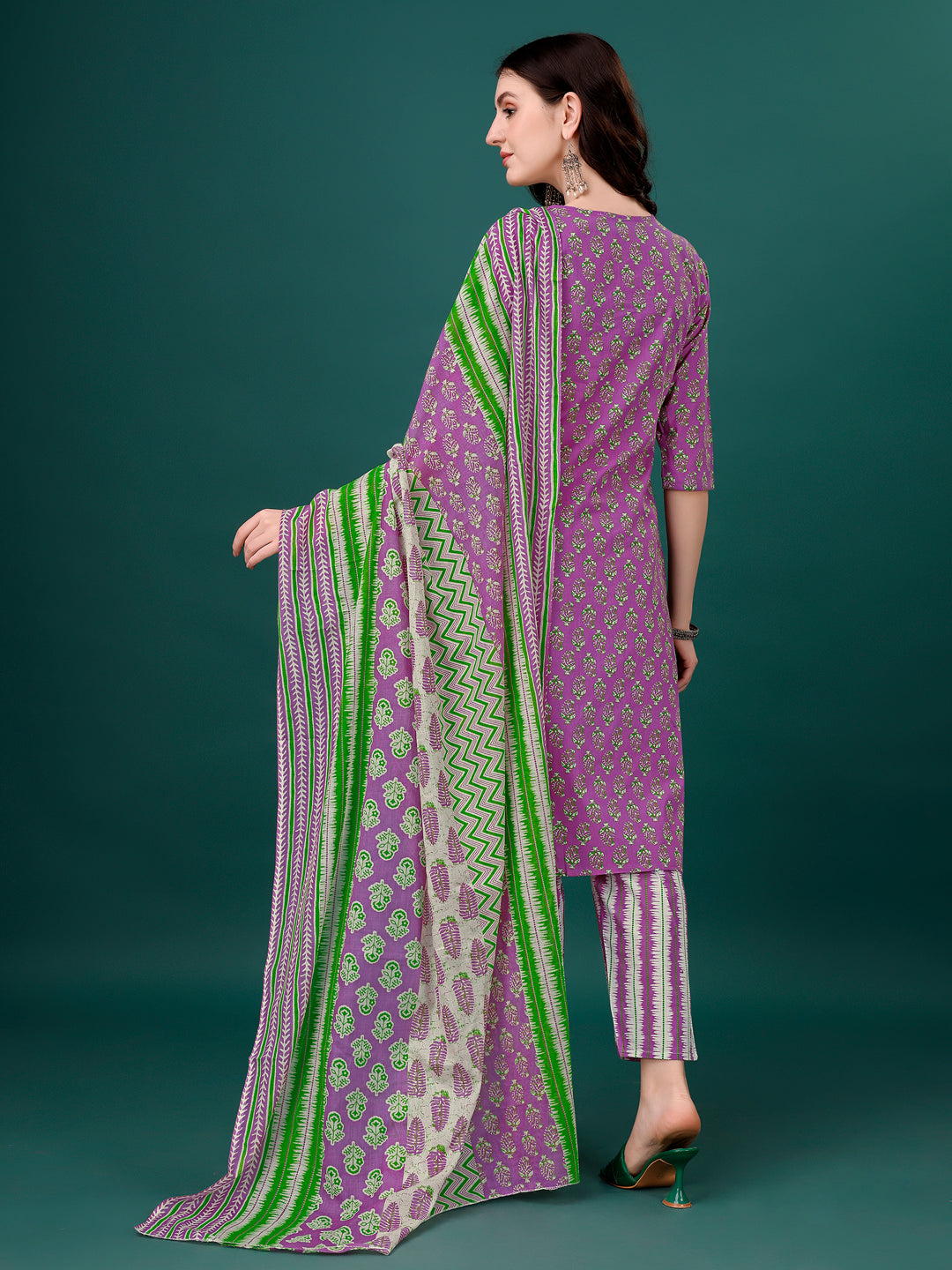 Embroidered & Printed Angrakha Style Kurta With Printed Pant & Dupatta, Multicolor - Hiral Fashion
