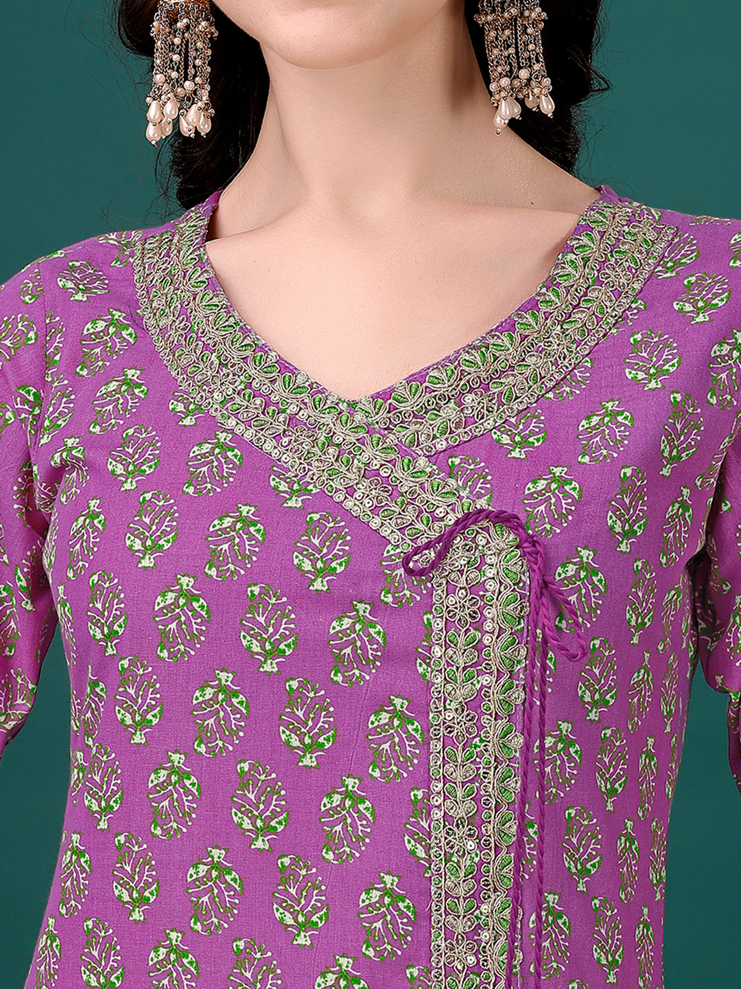 Embroidered & Printed Angrakha Style Kurta With Printed Pant & Dupatta, Multicolor - Hiral Fashion