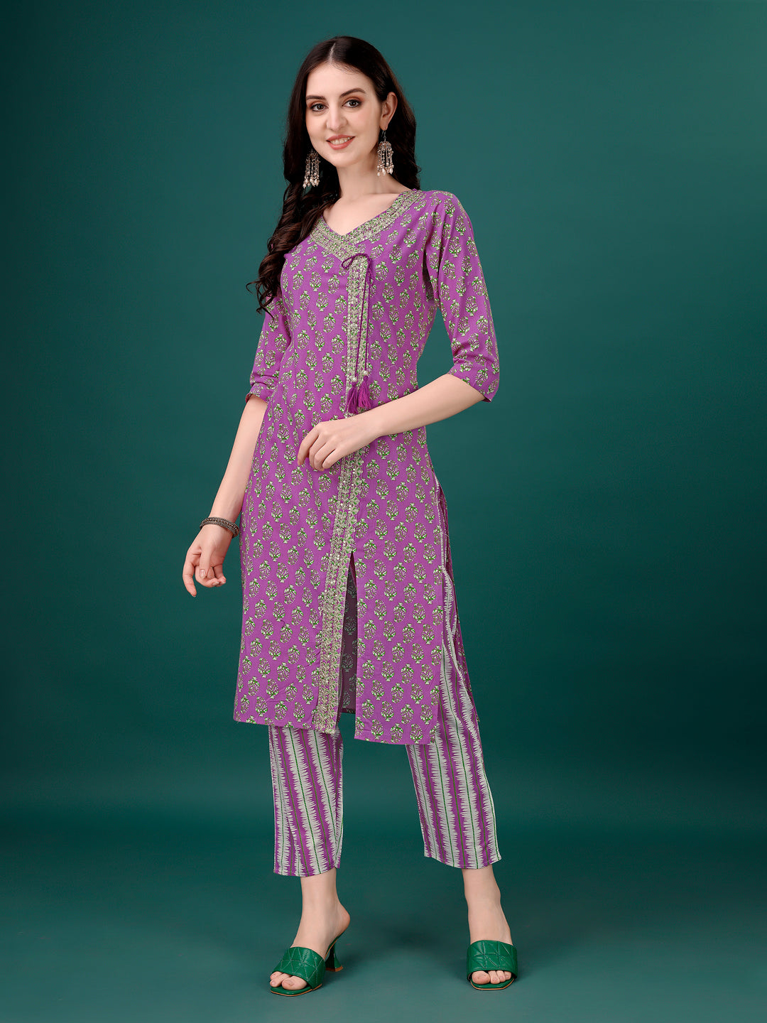 Embroidered & Printed Angrakha Style Kurta With Printed Pant & Dupatta, Multicolor - Hiral Fashion