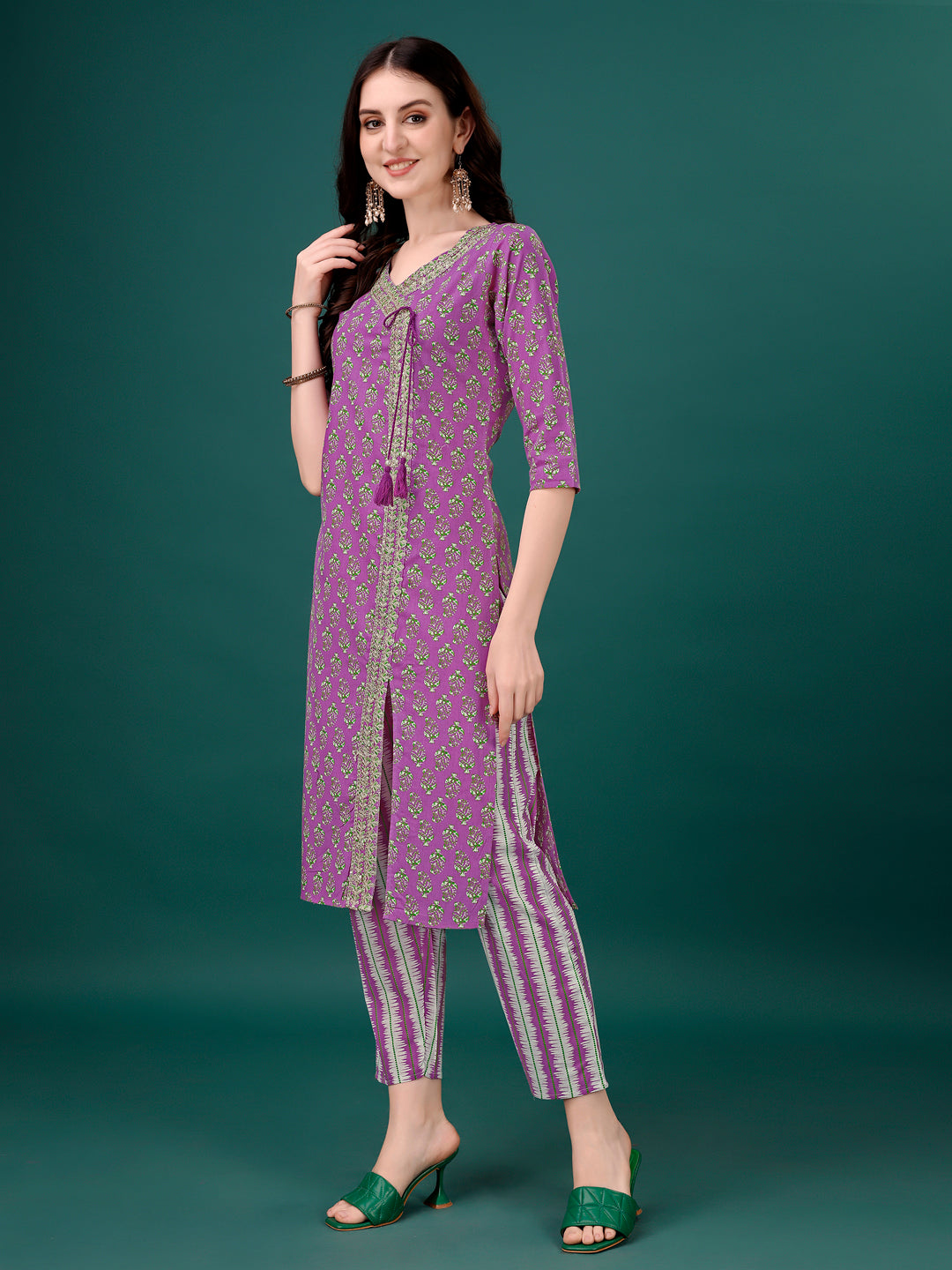 Embroidered & Printed Angrakha Style Kurta With Printed Pant & Dupatta, Multicolor - Hiral Fashion