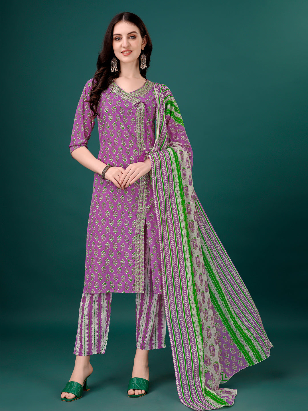 Embroidered & Printed Angrakha Style Kurta With Printed Pant & Dupatta, Multicolor - Hiral Fashion