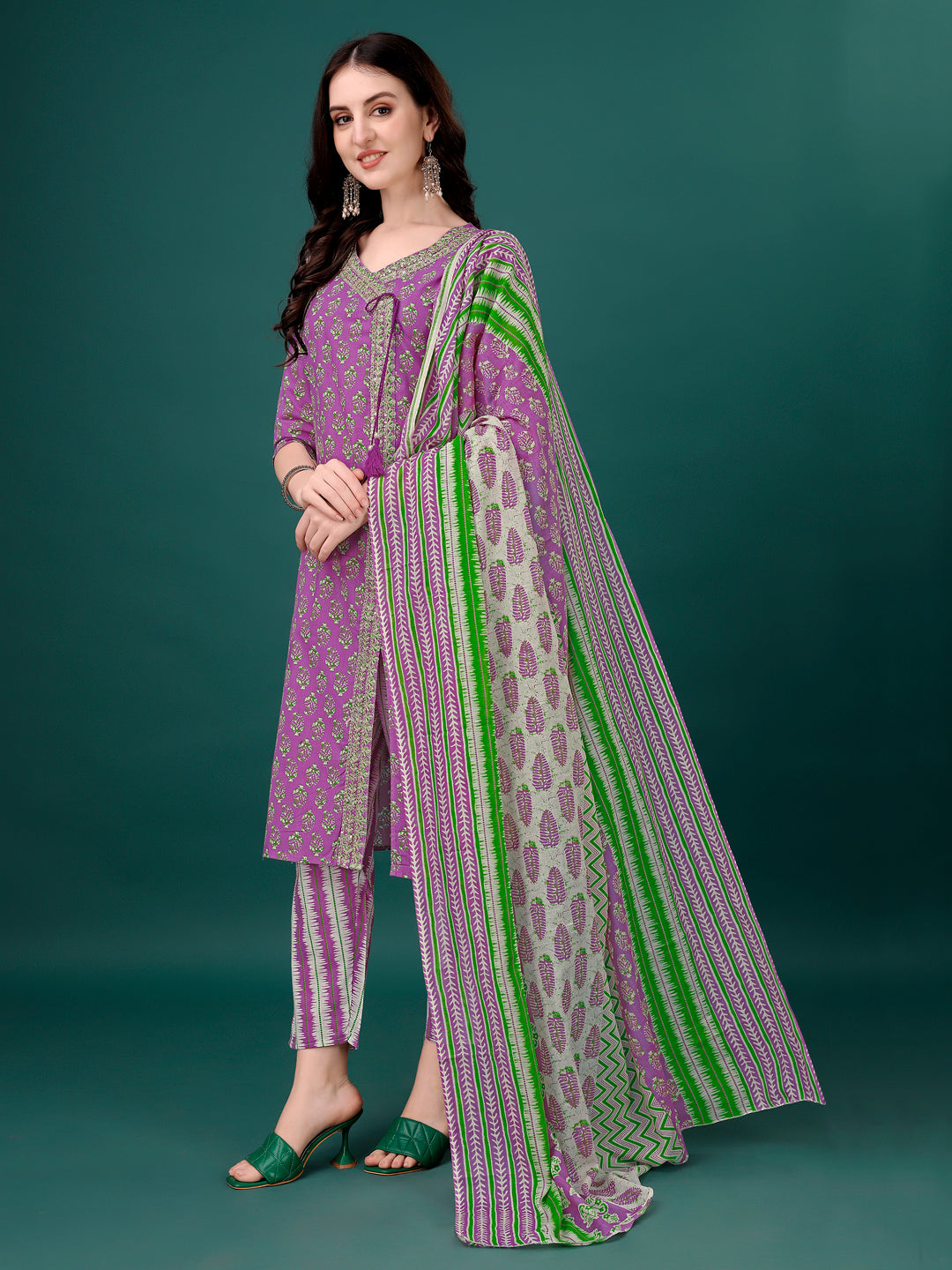 Embroidered & Printed Angrakha Style Kurta With Printed Pant & Dupatta, Multicolor - Hiral Fashion