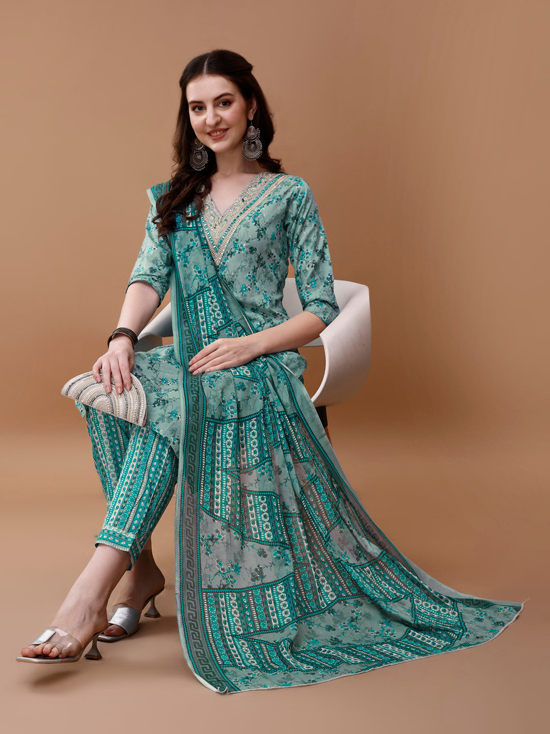 Embroidered And Floral Printed Kurta With Pant & Dupatta, Multicolor - Hiral Fashion