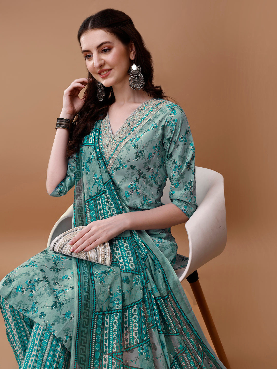 Embroidered And Floral Printed Kurta With Pant & Dupatta, Multicolor - Hiral Fashion