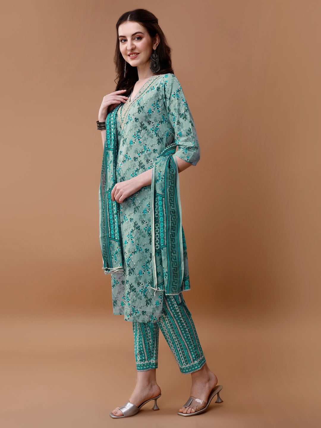 Embroidered And Floral Printed Kurta With Pant & Dupatta, Multicolor - Hiral Fashion