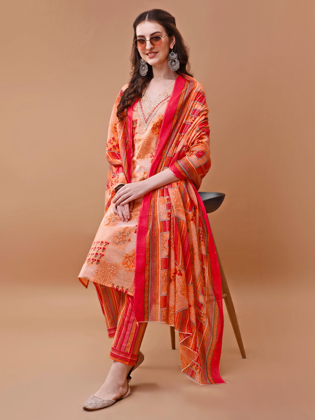 Embroidered And Floral Printed Kurta With Pant & Dupatta, Multicolor - Hiral Fashion