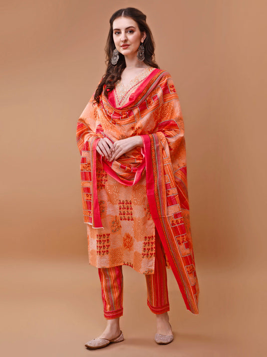 Embroidered And Floral Printed Kurta With Pant & Dupatta, Multicolor - Hiral Fashion