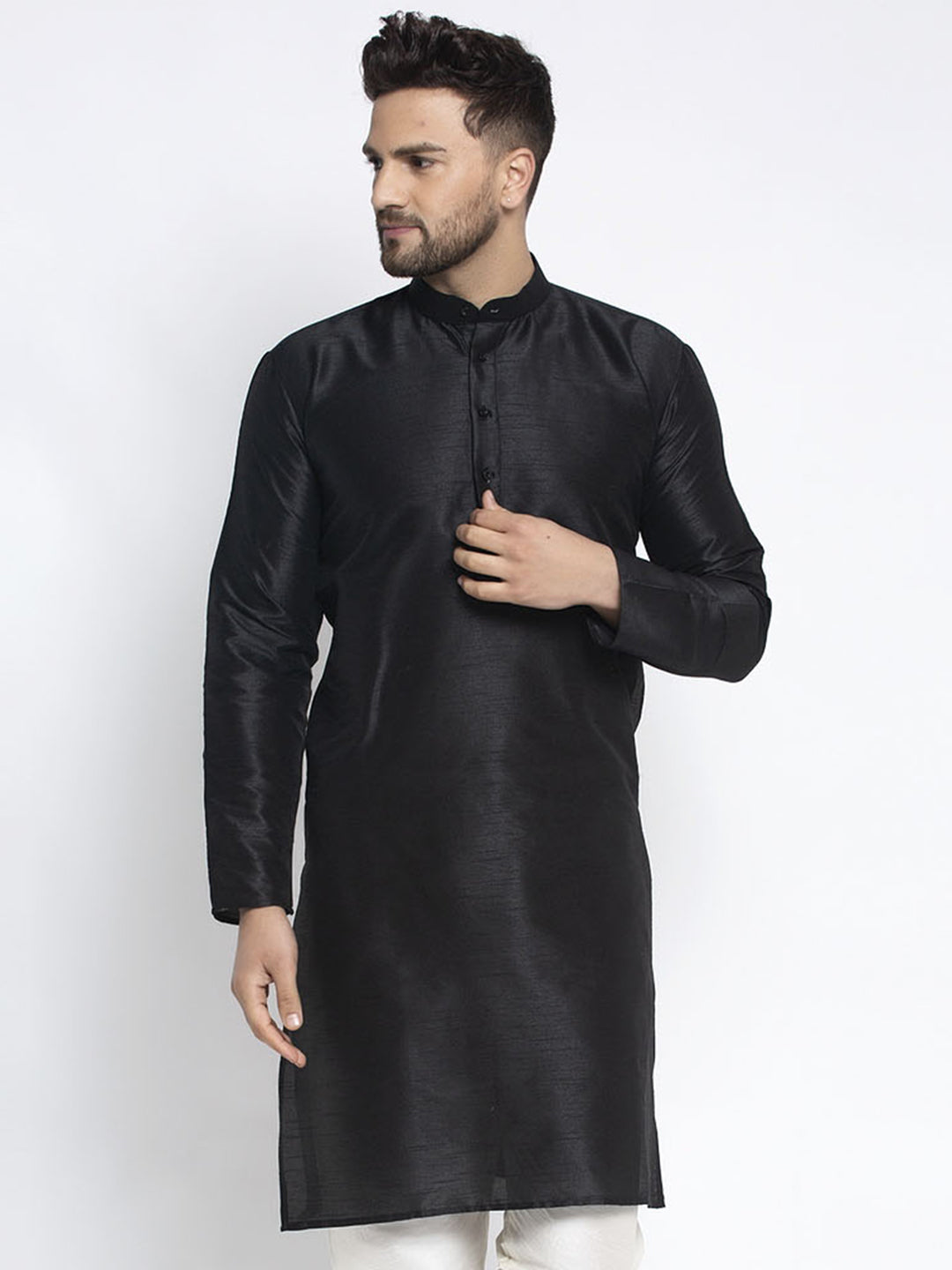 Jompers Men's Black Solid Dupion Silk Kurta Only 