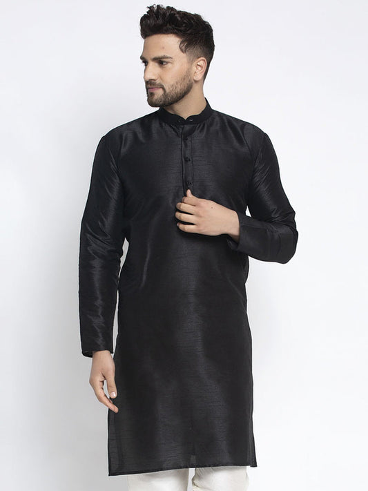 Jompers Men's Black Solid Dupion Silk Kurta Only 