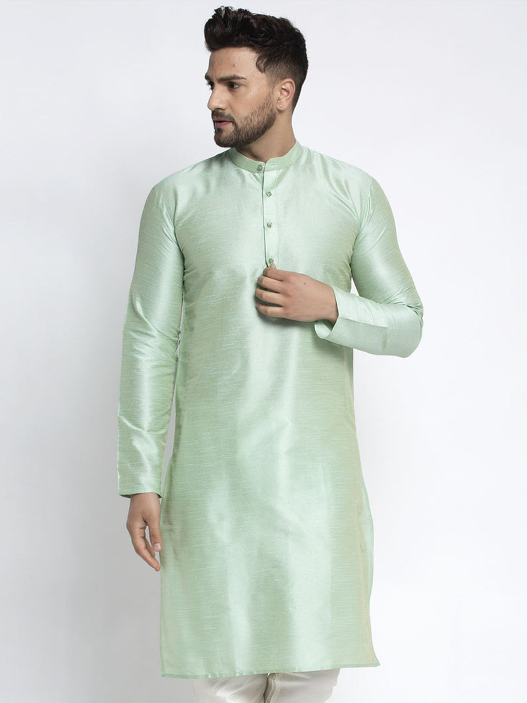 Jompers Men's Green Solid Dupion Silk Kurta Only 