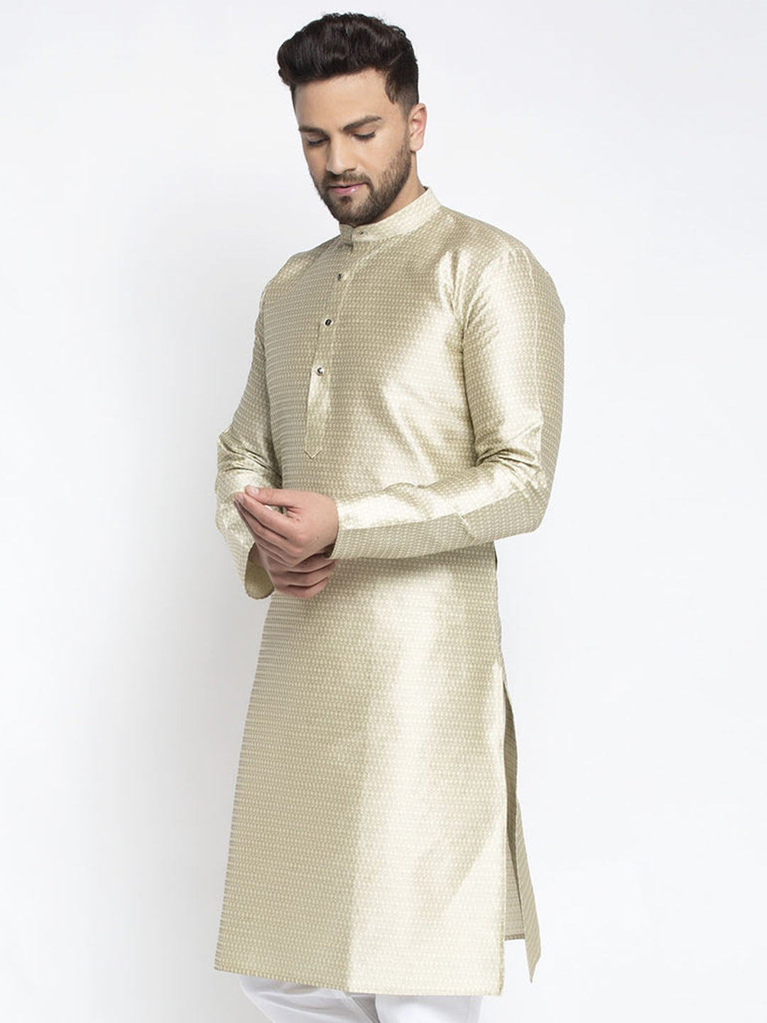 Jompers Men Beige & White Woven Design Kurta Only