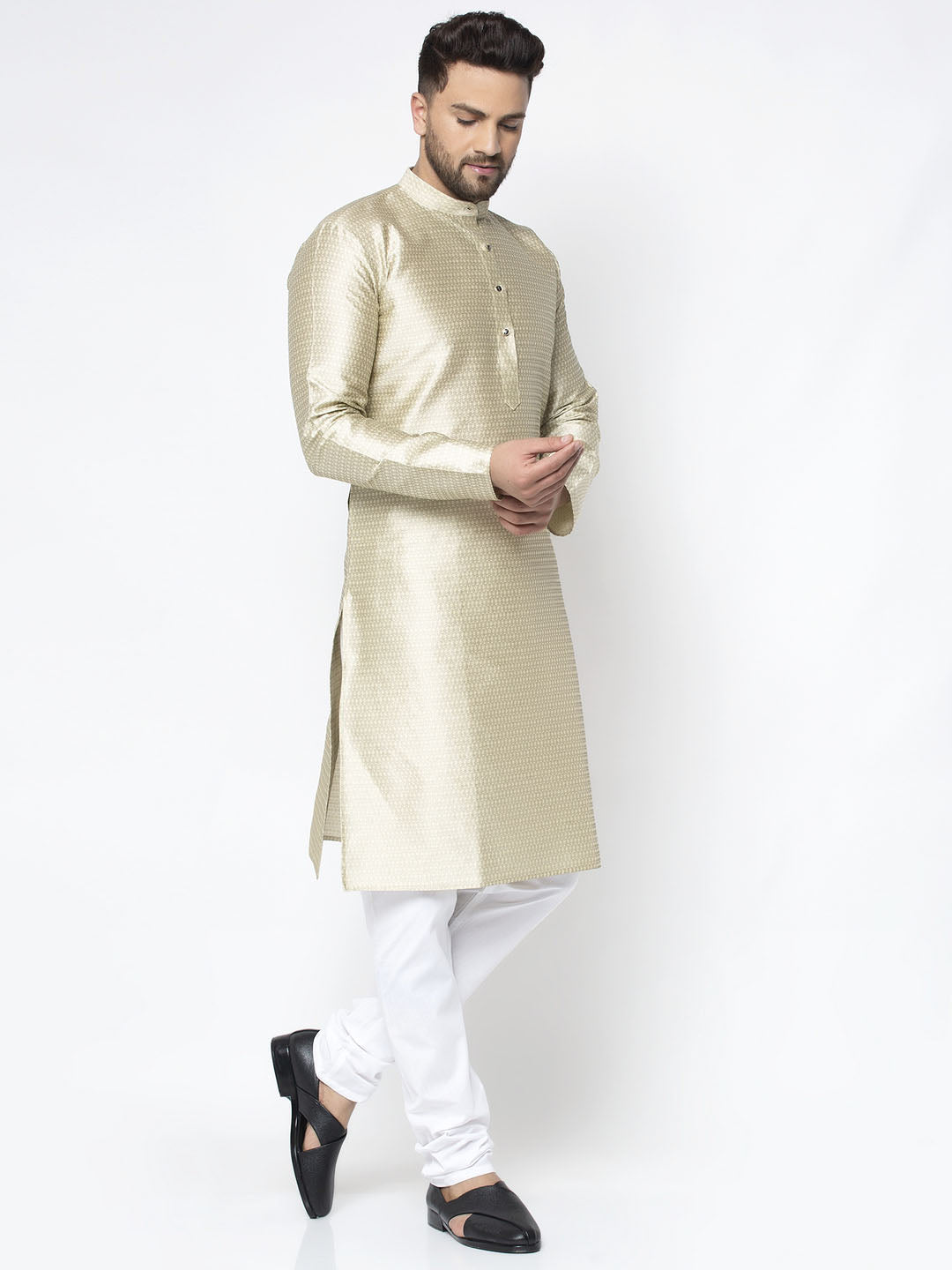 Jompers Men Beige & White Woven Design Kurta Only
