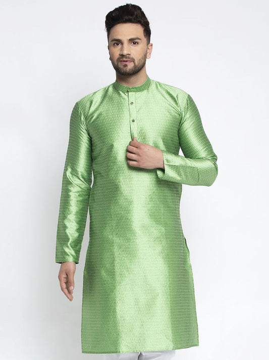 Jompers Men Green And White Woven Design Kurta Only