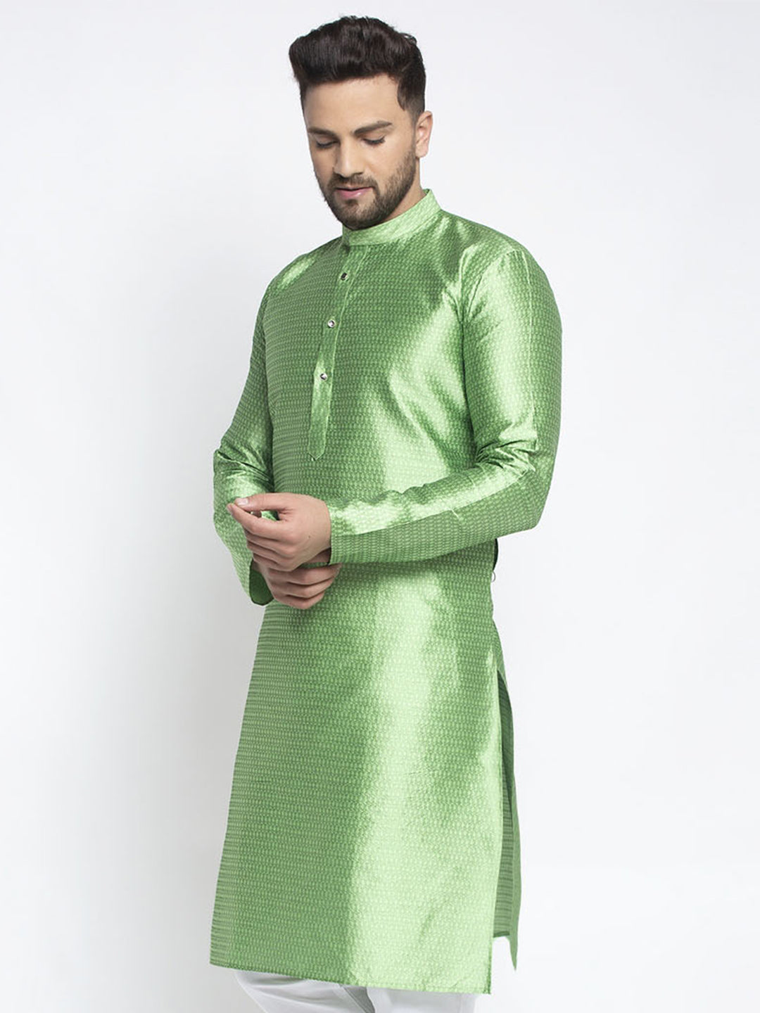 Jompers Men Green And White Woven Design Kurta Only