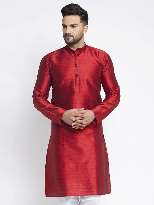 Jompers Men Maroon And White Woven Design Kurta Only