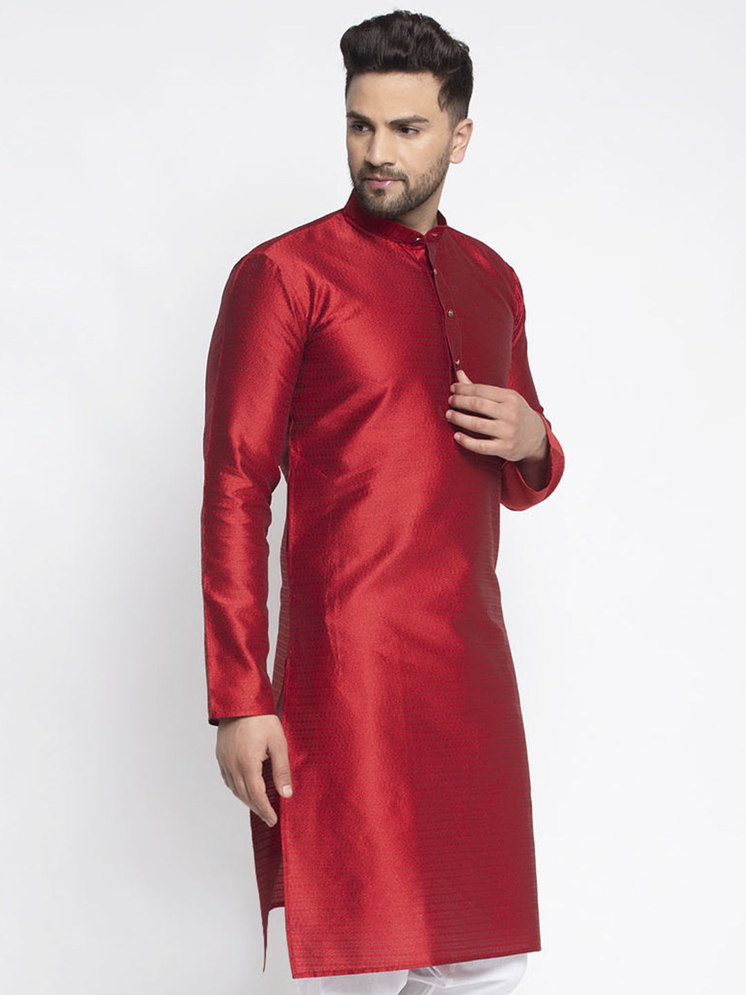 Jompers Men Maroon And White Woven Design Kurta Only