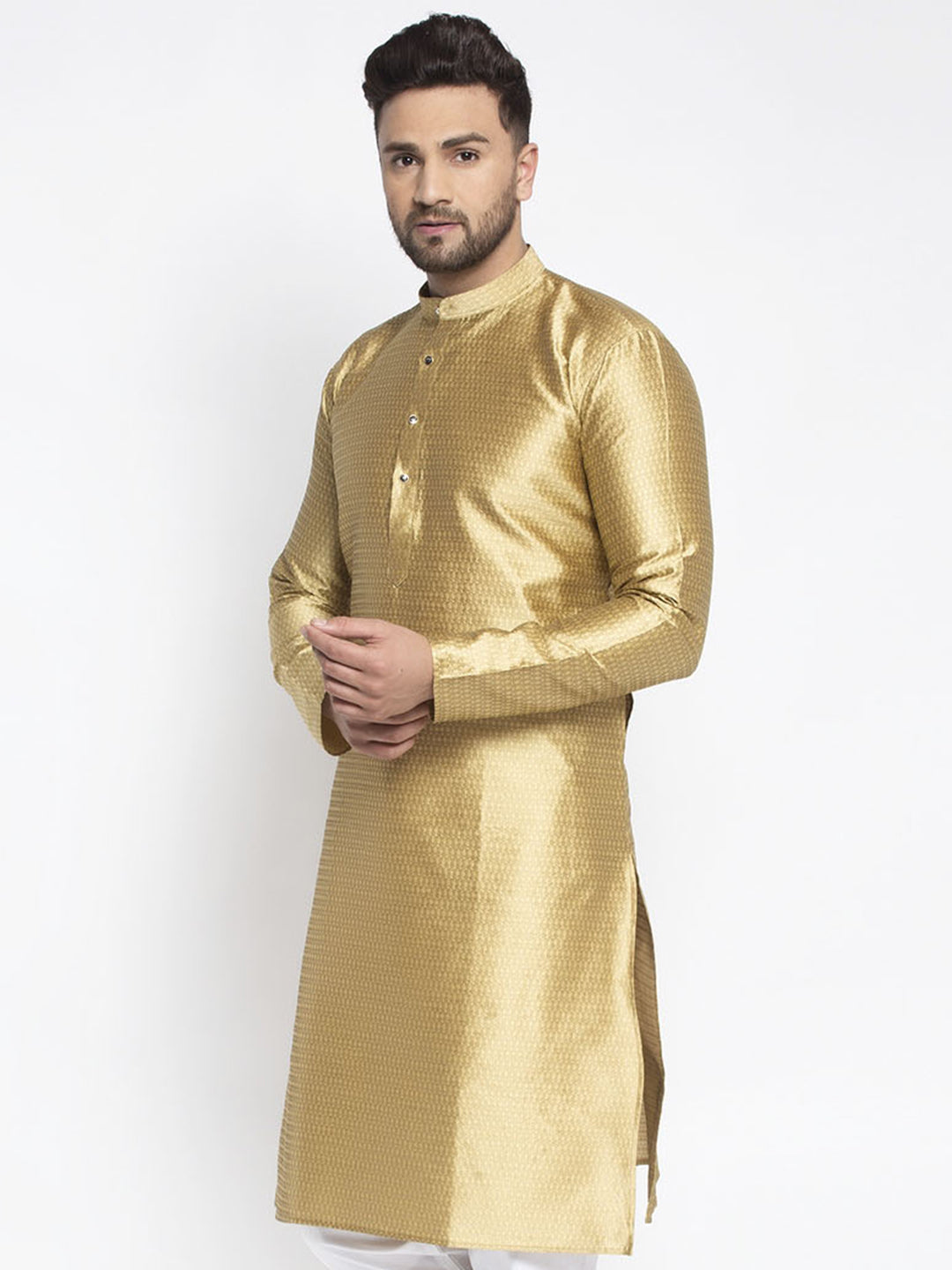 Jompers Men Mustard and Gold Design Kurta Only