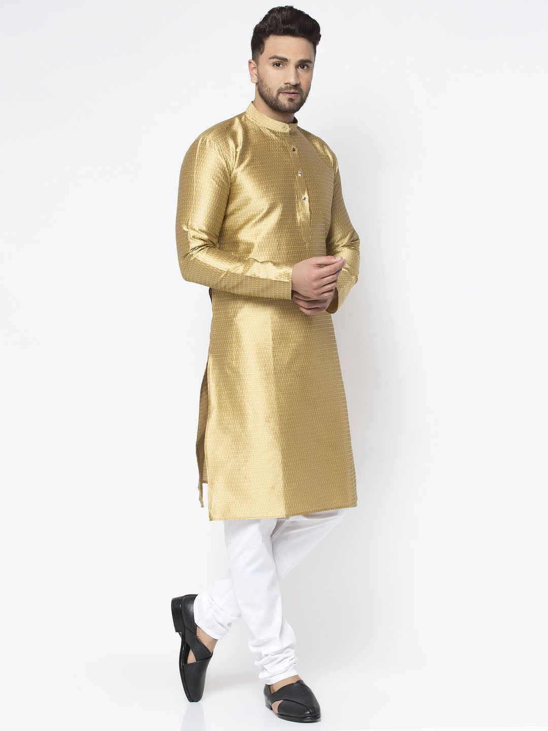 Jompers Men Mustard and Gold Design Kurta Only