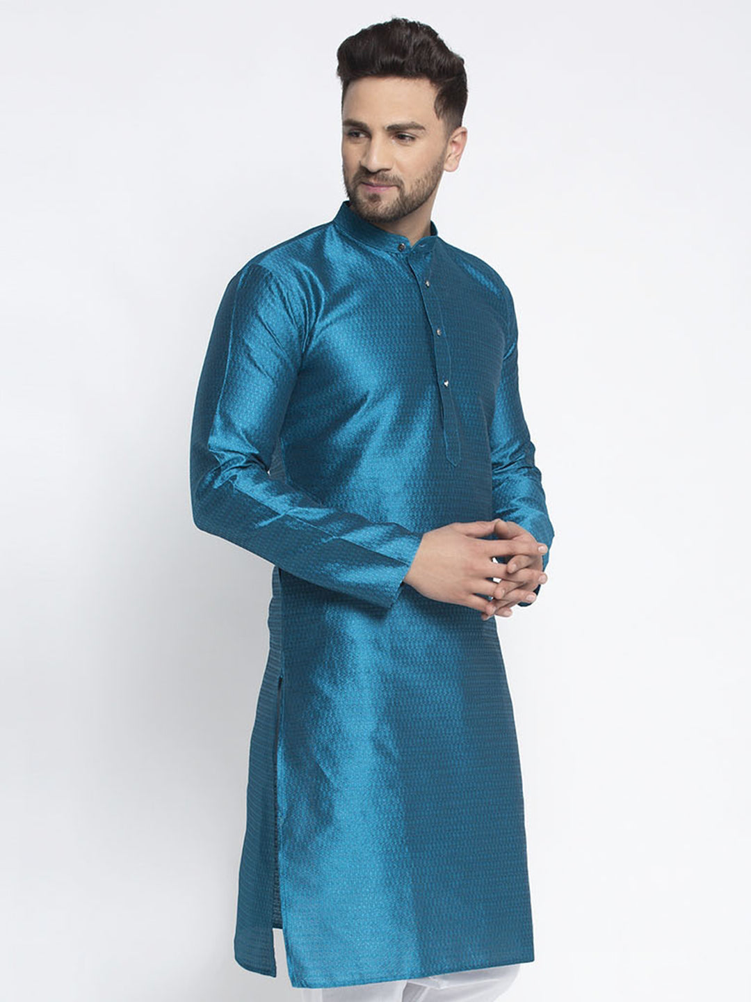 Jompers Men Blue & White Woven Design Kurta Only