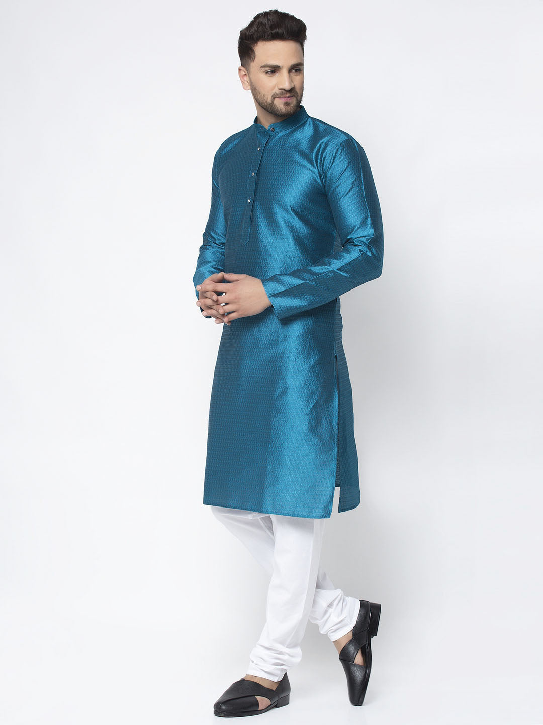 Jompers Men Blue & White Woven Design Kurta Only