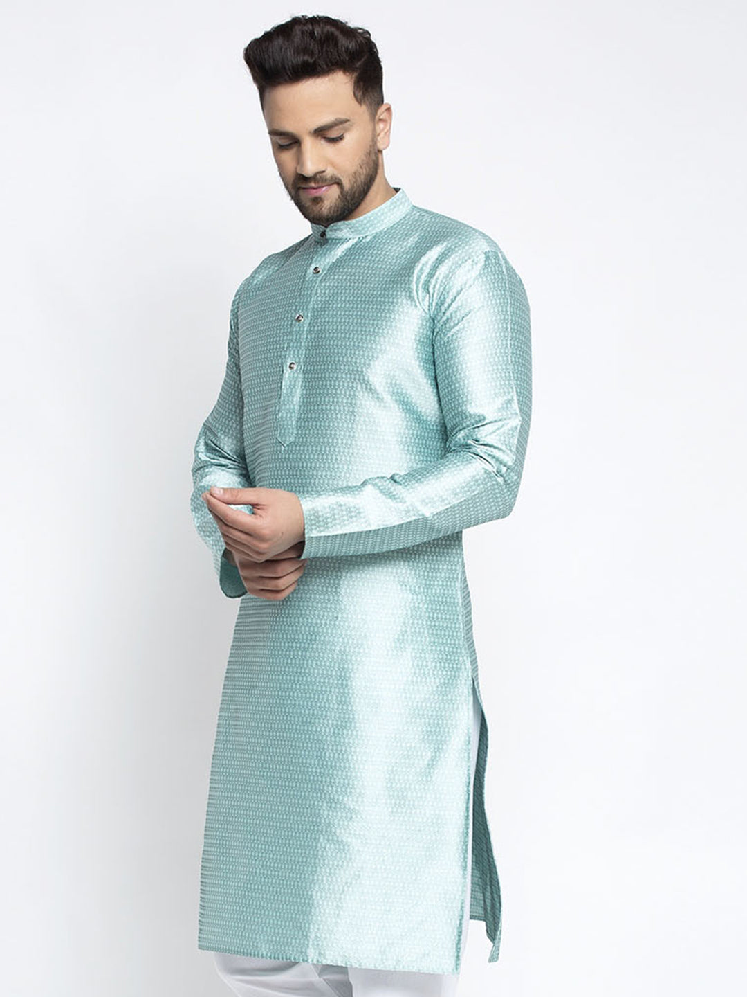 Jompers Men Sky Blue & White Woven Design Kurta Only