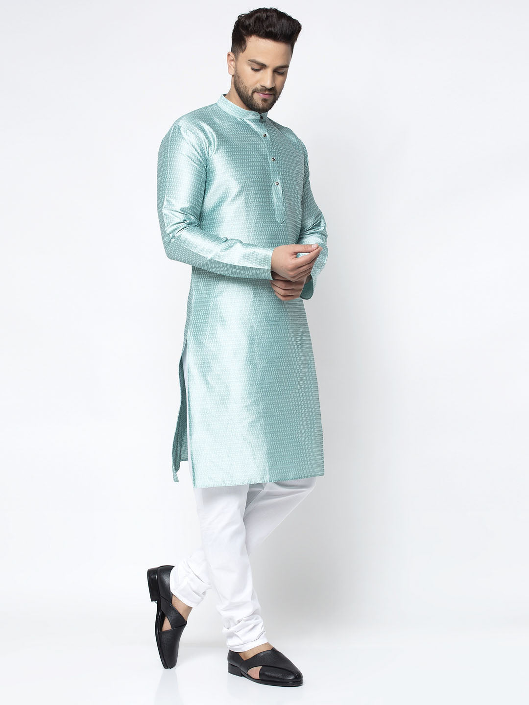 Jompers Men Sky Blue & White Woven Design Kurta Only