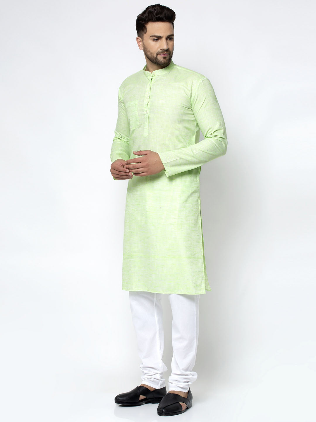 Jompers Men Green & White Self Design Kurta Only