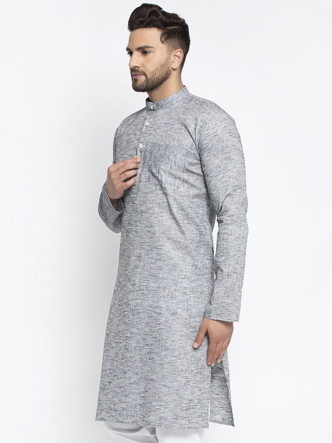 Jompers Men Grey & White Self Design Kurta Only