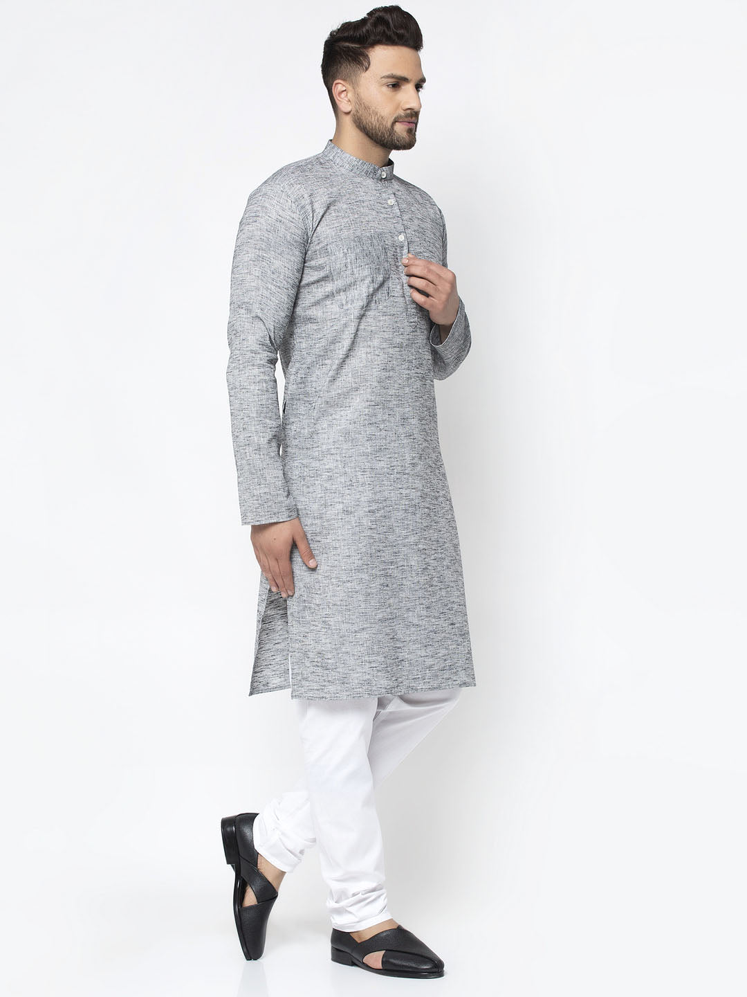 Jompers Men Grey & White Self Design Kurta Only