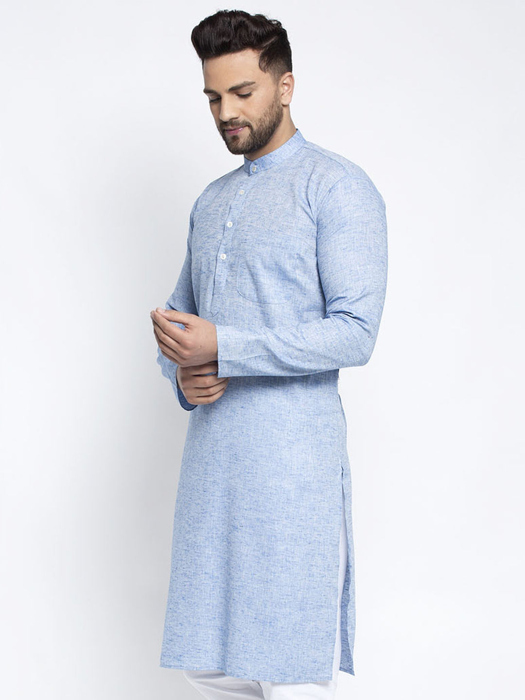 Jompers Men Blue & White Self Design Kurta Only