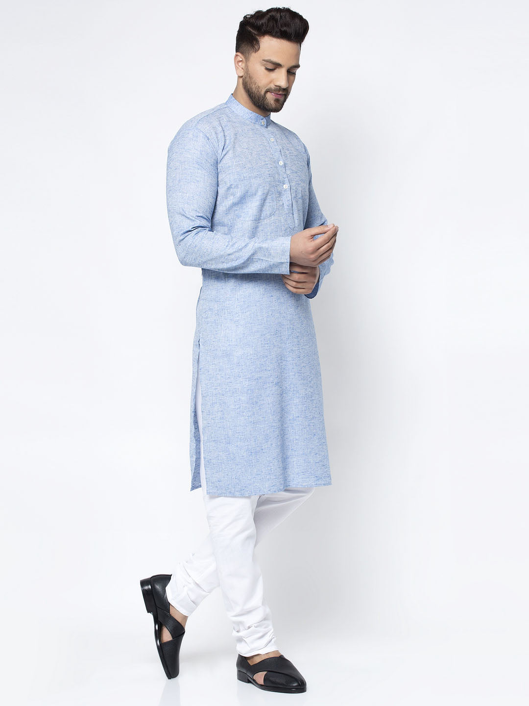 Jompers Men Blue & White Self Design Kurta Only