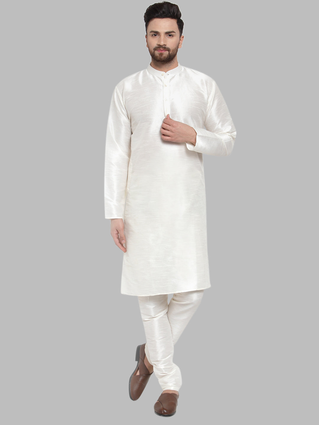 Jompers Men's White Solid Mandarin Collar Kurta Only