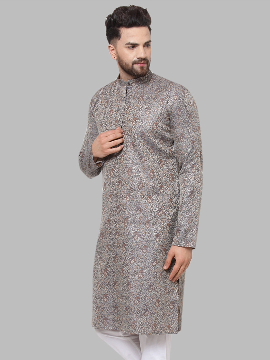 Jompers Men Grey & White Woven Design Kurta Only