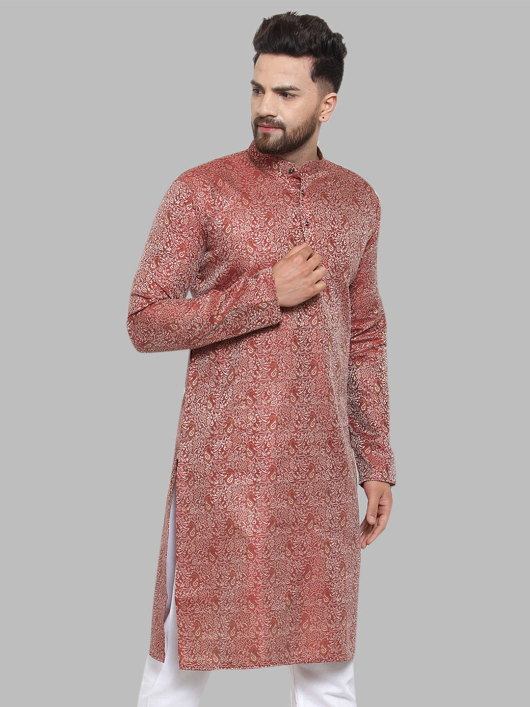 Jompers Men Maroon & White Woven Design Kurta Only