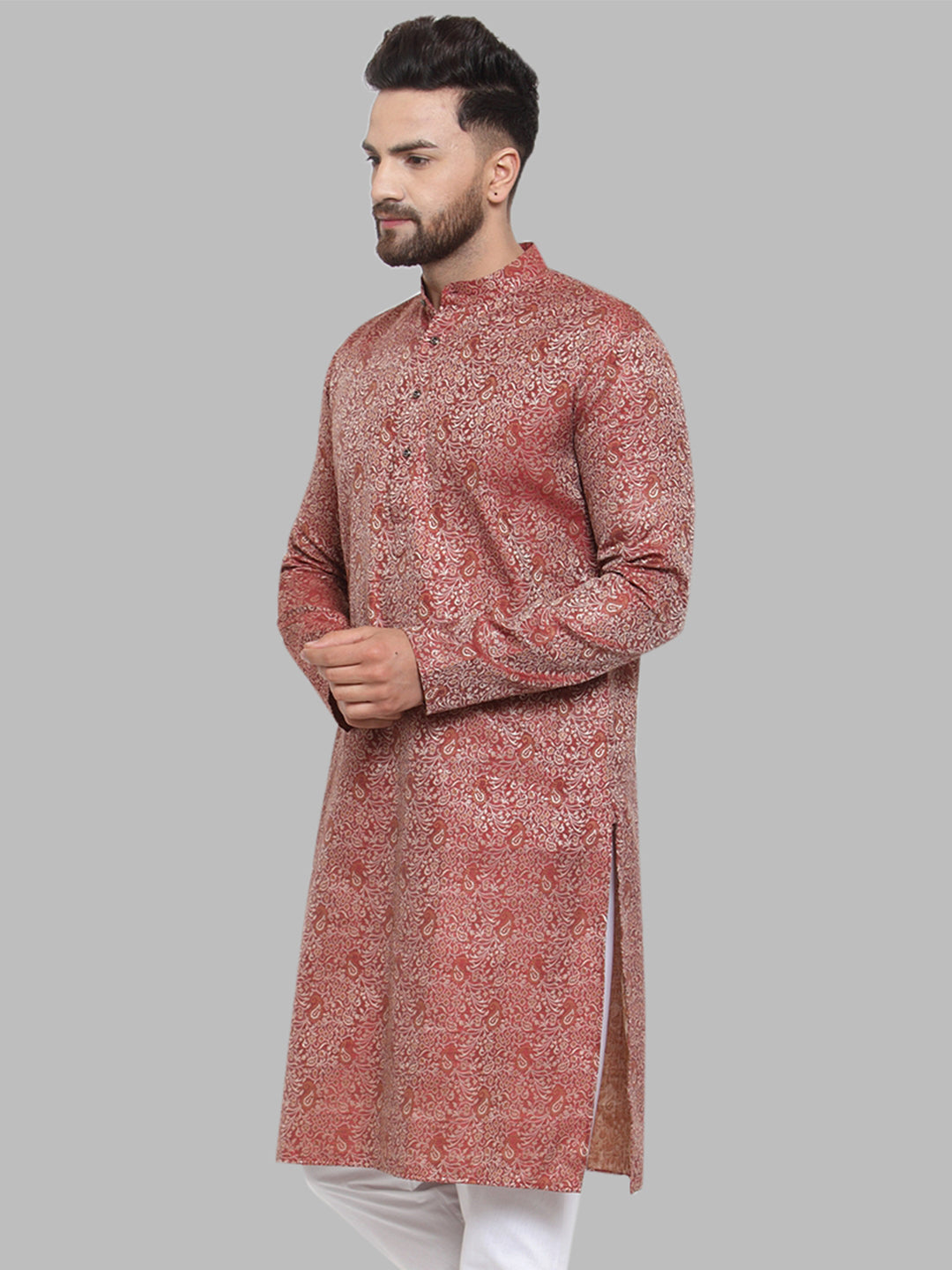 Jompers Men Maroon & White Woven Design Kurta Only