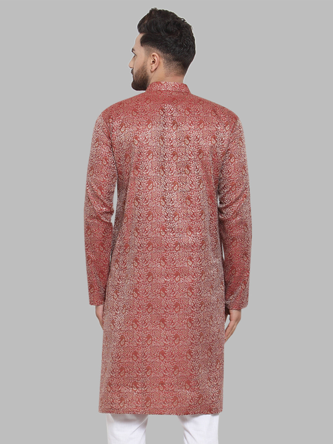 Jompers Men Maroon & White Woven Design Kurta Only