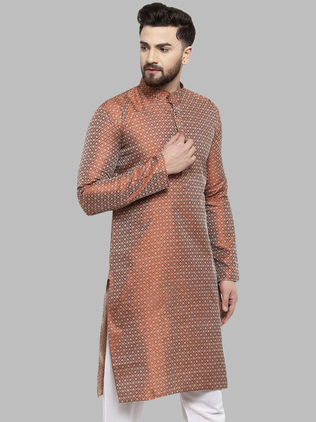 Jompers Men Orange & White Woven Design Kurta Only