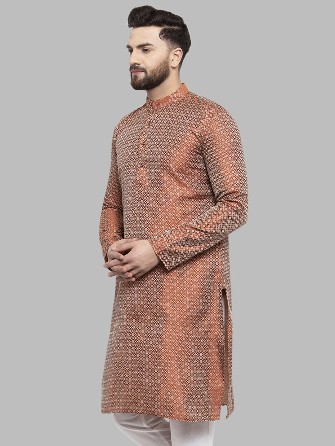 Jompers Men Orange & White Woven Design Kurta Only