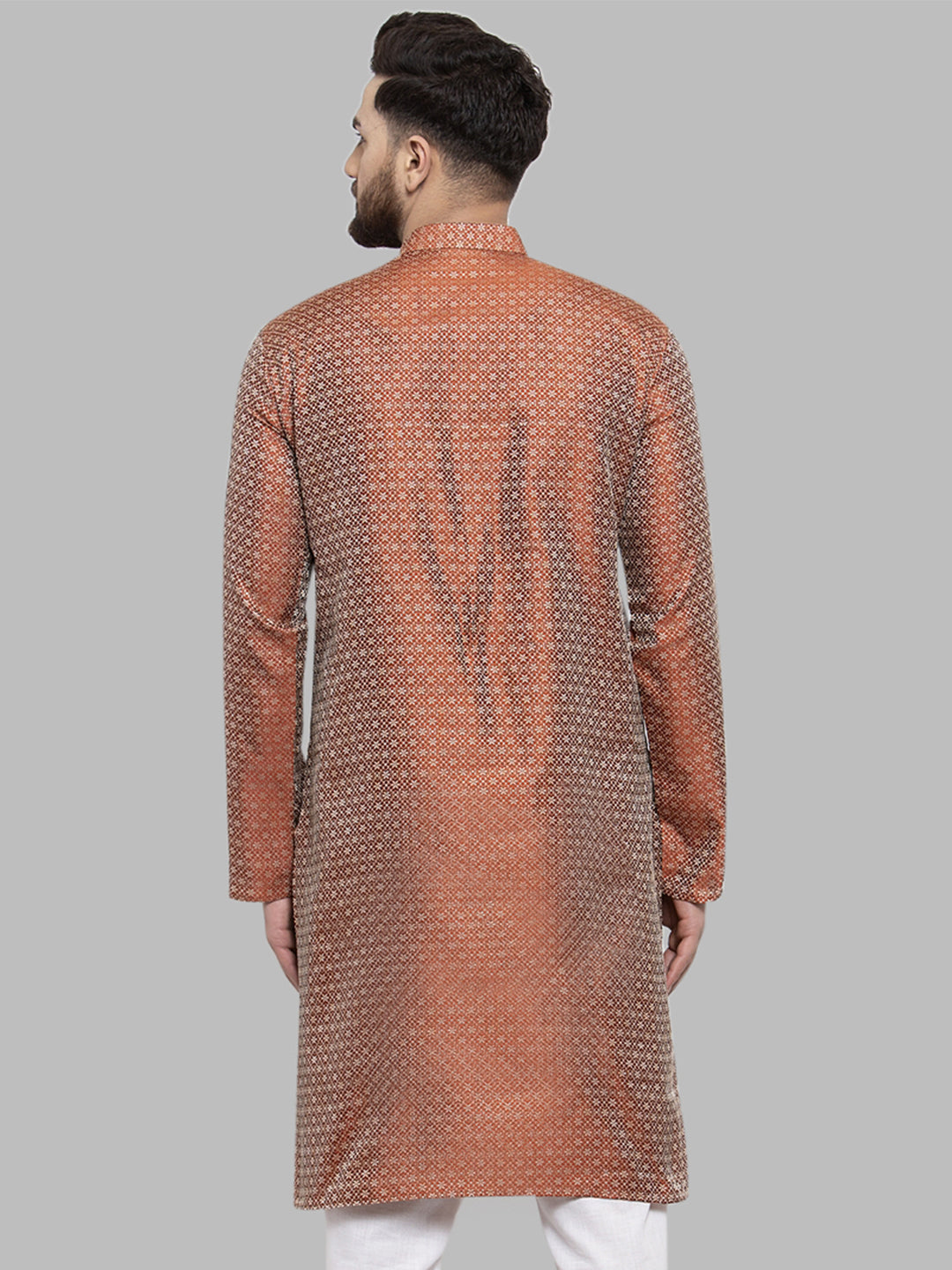 Jompers Men Orange & White Woven Design Kurta Only