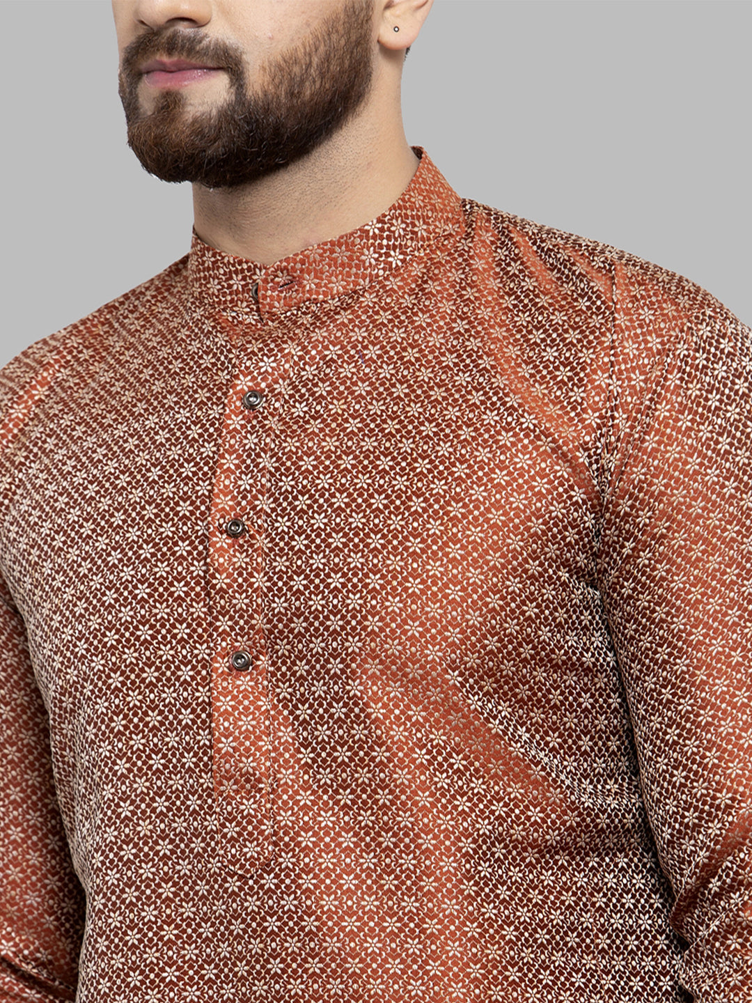 Jompers Men Orange & White Woven Design Kurta Only