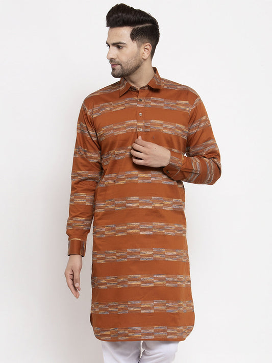 Jompers Men Mustard & White Woven Design Kurta Only