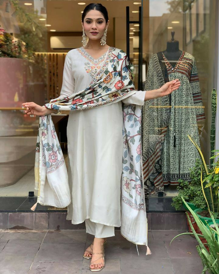 The52 Off White Women's Gorgeous Embroidered Viscose Chanderi Fabric Straight Kurta Pant with Dupatta Set | Grab2Buy